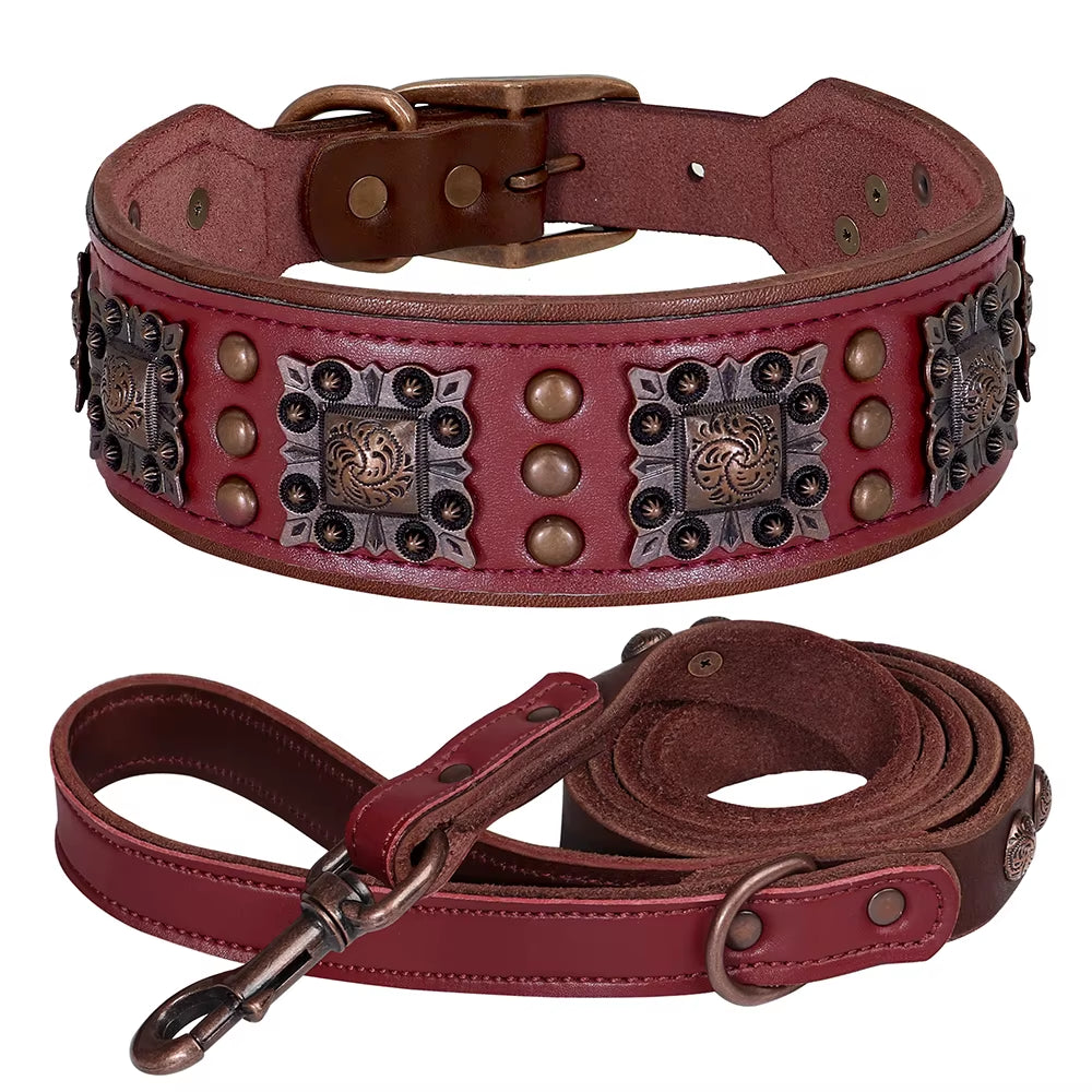 Genuine Leather Wide Dog Collar Leash Set Durable Padded Dog Collars Luxury Metal Rivet Pet Necklace with Rope for Dogs Pitbull