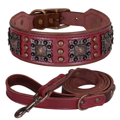 Genuine Leather Wide Dog Collar Leash Set Durable Padded Dog Collars Luxury Metal Rivet Pet Necklace with Rope for Dogs Pitbull