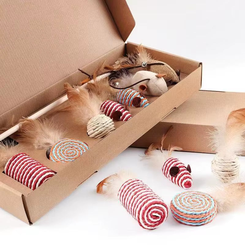 7-in-1 Cat Rope Toy Set – Interactive Chew, Chase & Scratch Toys with Feather Mice & Wand