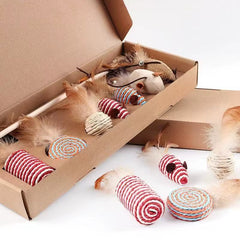7-in-1 Cat Rope Toy Set – Interactive Chew, Chase & Scratch Toys with Feather Mice & Wand