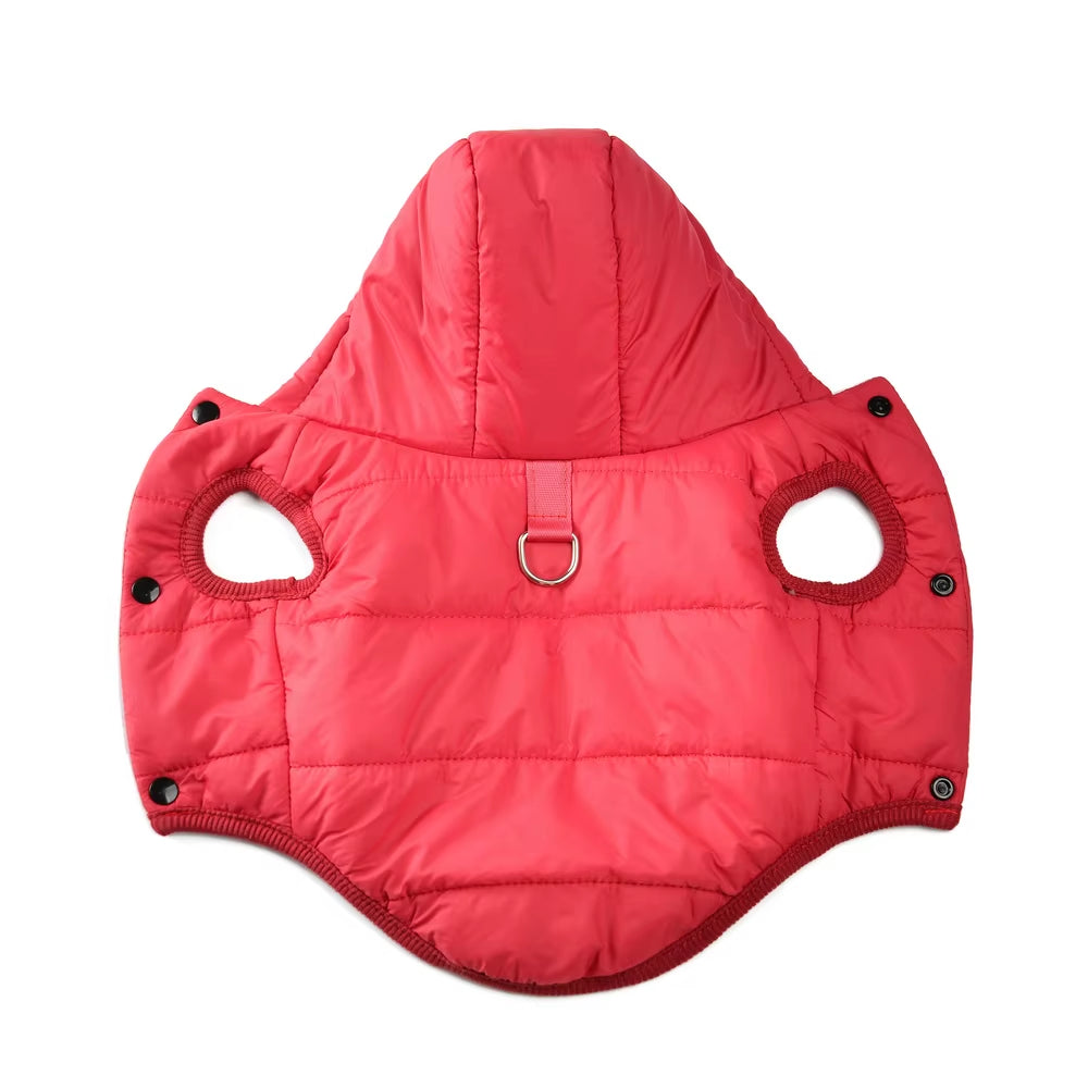 Crimson Ember red dog hoodie coat with a thick fleece lining and built-in D-ring.