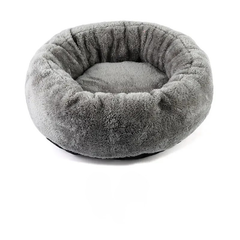 Silver Mist grey plush round pet cushion showing the deep nesting area for calming pets.