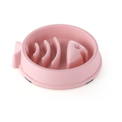 Petal Blush pink slow food bowl with fish-shaped maze design for healthy pet digestion.