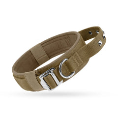 A rugged coyote desert brown nylon rivet dog collar tailored for medium to large dogs, highlighting its soft comfortable texture and durable hardware.