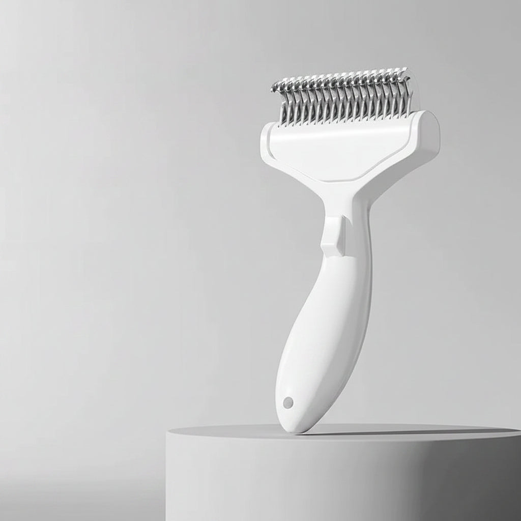 A white curved stainless steel grooming brush for long-haired pets featuring a professional ergonomic handle.