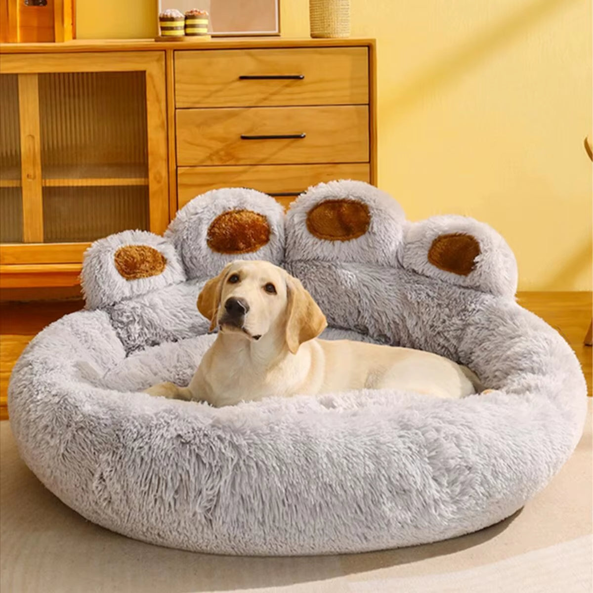 Arctic Mist light gray bear paw pet sofa for cats showing the deep-pile fluffy texture.