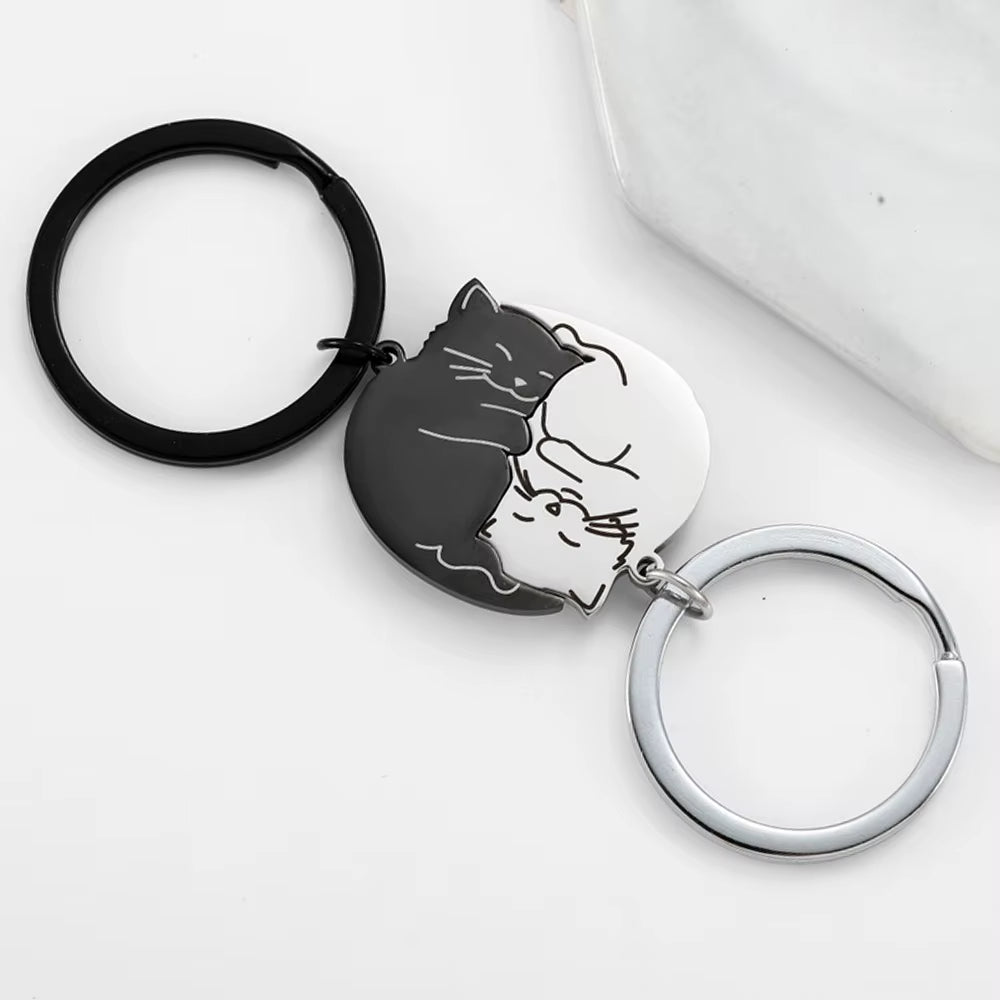 Stainless Steel Black Cat Couples Keychain Puzzle Set - Thoughtful Valentine's Gift for Partners and Friends