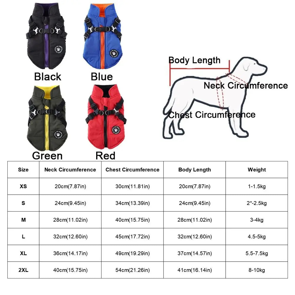 Pawzation Adjustable Winter Puffer Jacket – Thickened Waterproof Pet Coat with Integrated Harness for Dogs & Cats