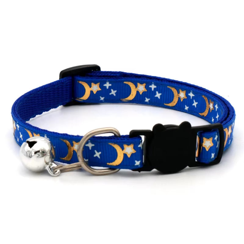 Gold Stars and Moon Cat Collar with Reflective Safety Buckle and Bell Adjustable Cats and Small Dogs Collars