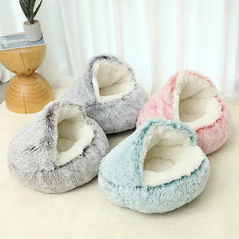 Deluxe Enclosed Plush Pet Bed for Cats - Cozy Round Sleeping Bag and Nesting Cushion