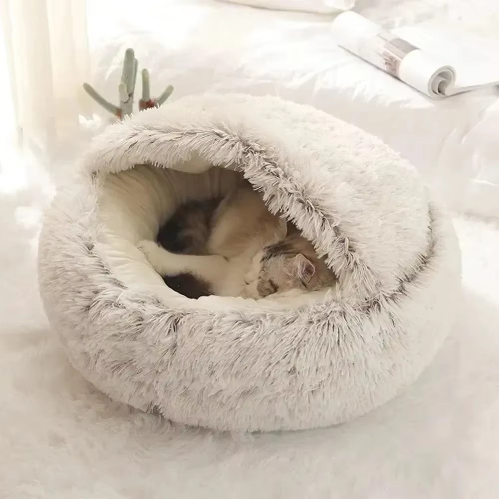 Deluxe Enclosed Plush Pet Bed for Cats - Cozy Round Sleeping Bag and Nesting Cushion