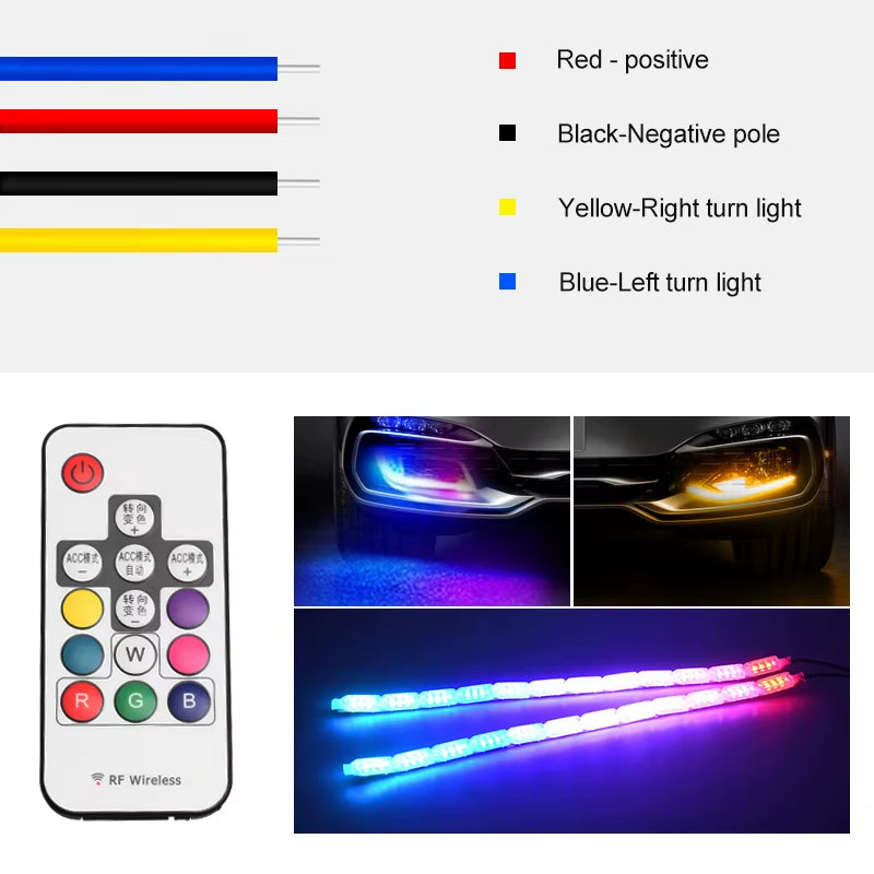 2-Piece RGB LED Daytime Running Light Strip with Remote Control, Flexible Waterproof Headlight and Turn Signal Yellow Lamp, 12V