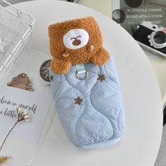 Warm quilted pet jacket with plush bear design and built‑in harness ring for small dogs and cats