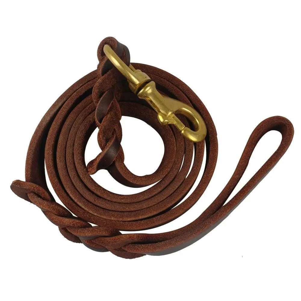 Braided Genuine Leather Dog Leash with Copper Hook – Long, Soft & Durable Lead for Training and Walking