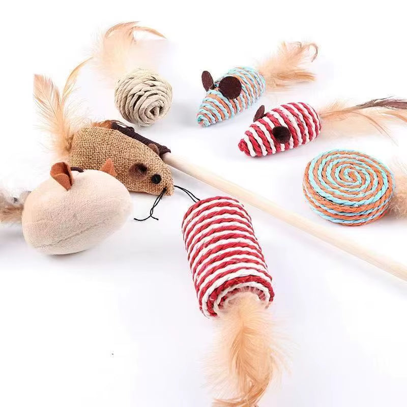 7-in-1 Cat Rope Toy Set – Interactive Chew, Chase & Scratch Toys with Feather Mice & Wand