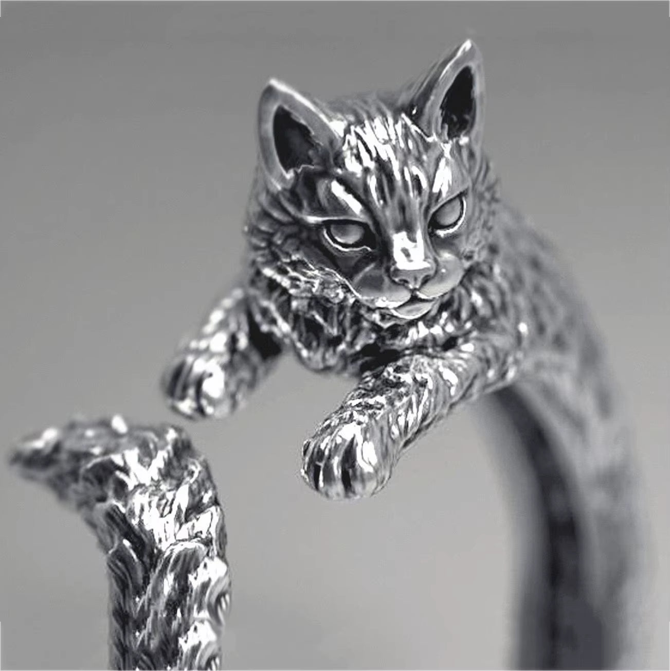 Gothic Silver Adjustable Retro Cat Ring for Men and Women - Handmade Unisex Pet Jewelry Gift