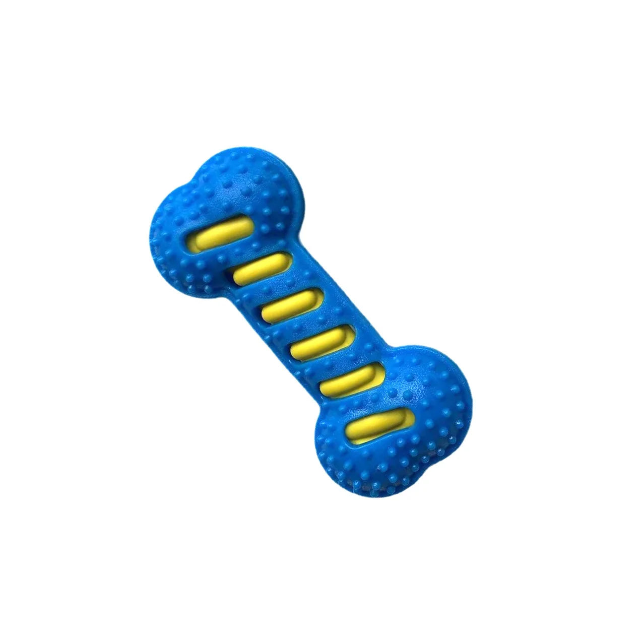 An extra-tough arctic sky blue rubber dog bone toy laid flat to showcase its raised massage points designed to relieve teething pain for small and medium dogs.