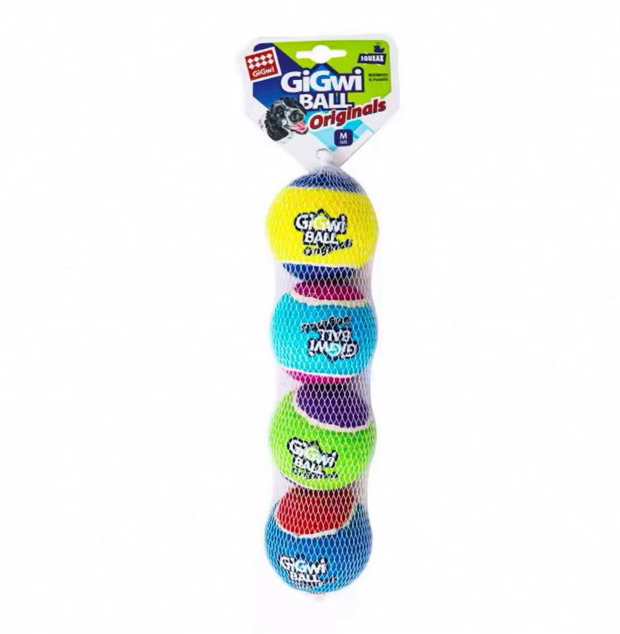 A set of four medium 6cm high-bounce squeaky rubber dog tennis balls designed for active outdoor fetch training and interactive play.