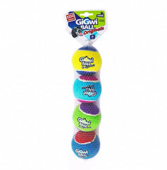 A set of four medium 6cm high-bounce squeaky rubber dog tennis balls designed for active outdoor fetch training and interactive play.