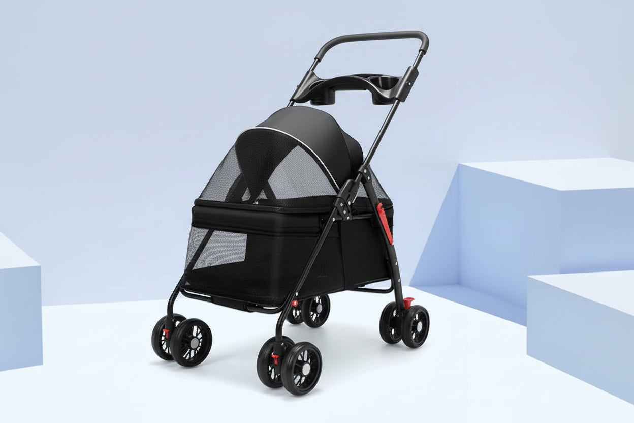 Black foldable pet stroller with mesh enclosure, cup holders, and four double wheels designed for small dogs and cats during outdoor travel.