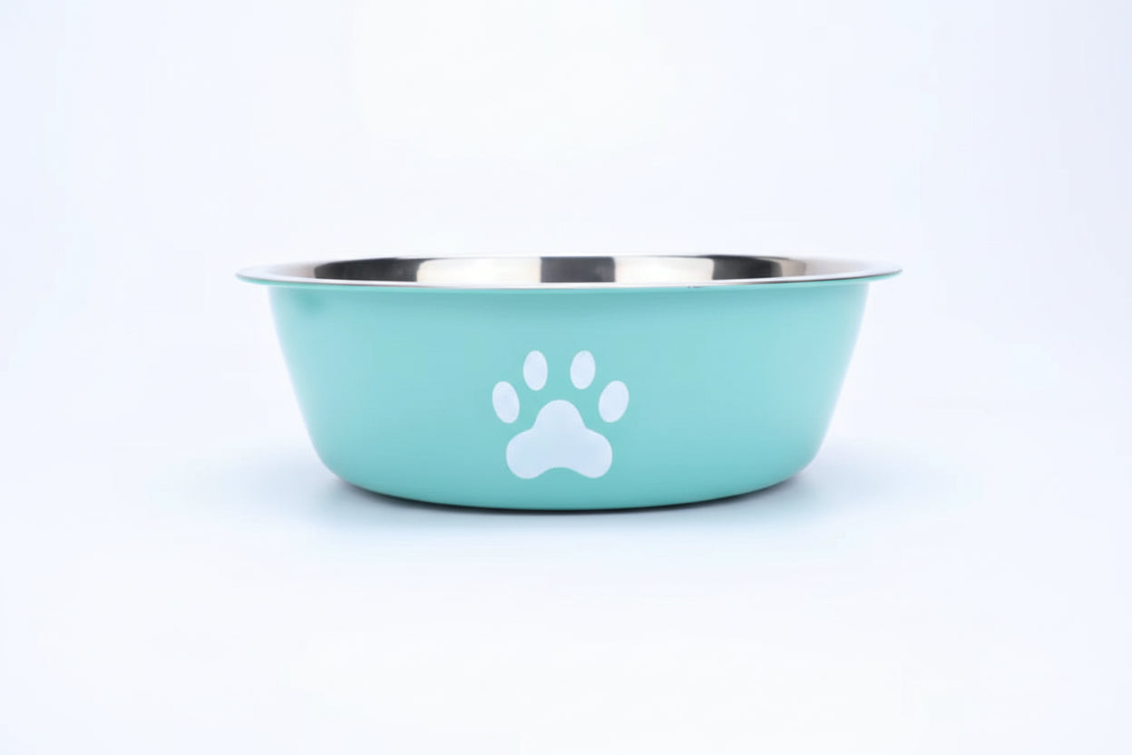 Blue double-layer stainless steel dog and cat bowl with anti-slip base,