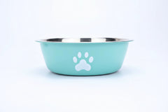 Blue double-layer stainless steel dog and cat bowl with anti-slip base,