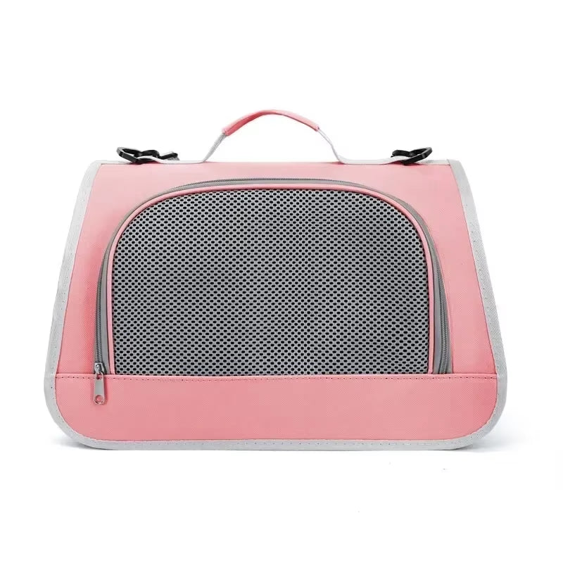 Pink portable breathable pet handbag carrier with mesh panels for cats and small dogs