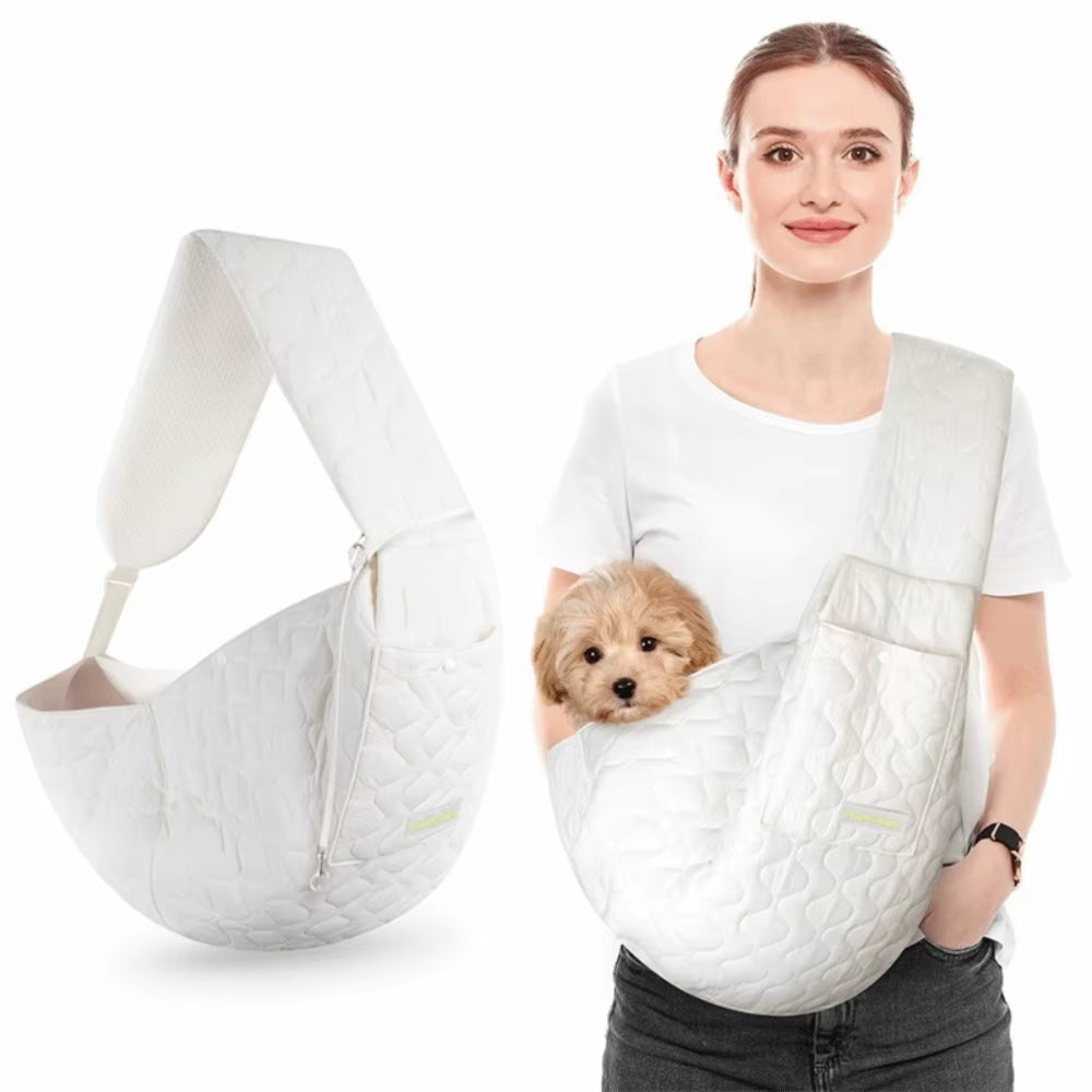 A crisp white safety adjustable pet sling travel bag showcasing its triple-safety protection system including internal secure hooks and double buckles.