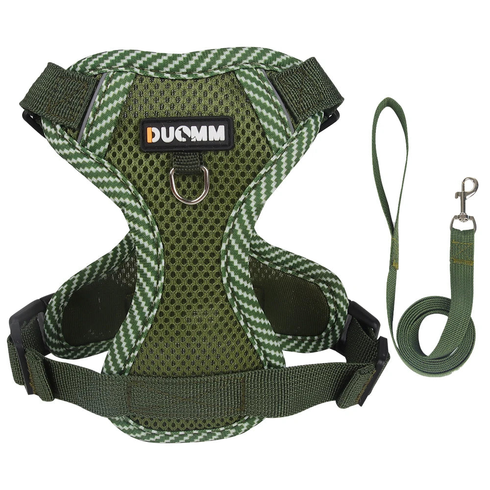 A glacier mint green breathable summer mesh dog harness and matching leash set displaying its lightweight step-in vest design tailored for small puppies and cats.