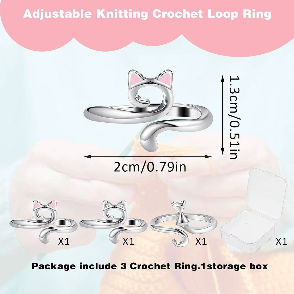 Set of 3 Adjustable Cat-Themed Rings in Gift Box - Crochet Loop Design for Women, Ideal for Cocktail Parties and Birthdays
