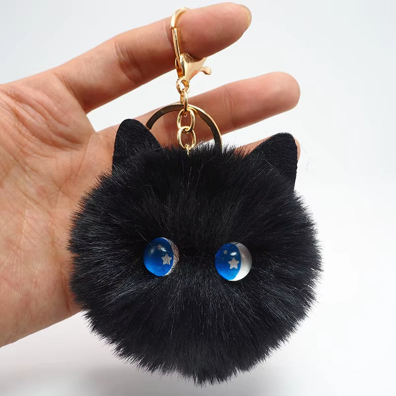 Black Cat Plush Keychain - Cartoon White Kitty Pendant for Women, Girls, and Kids Gift Ornament