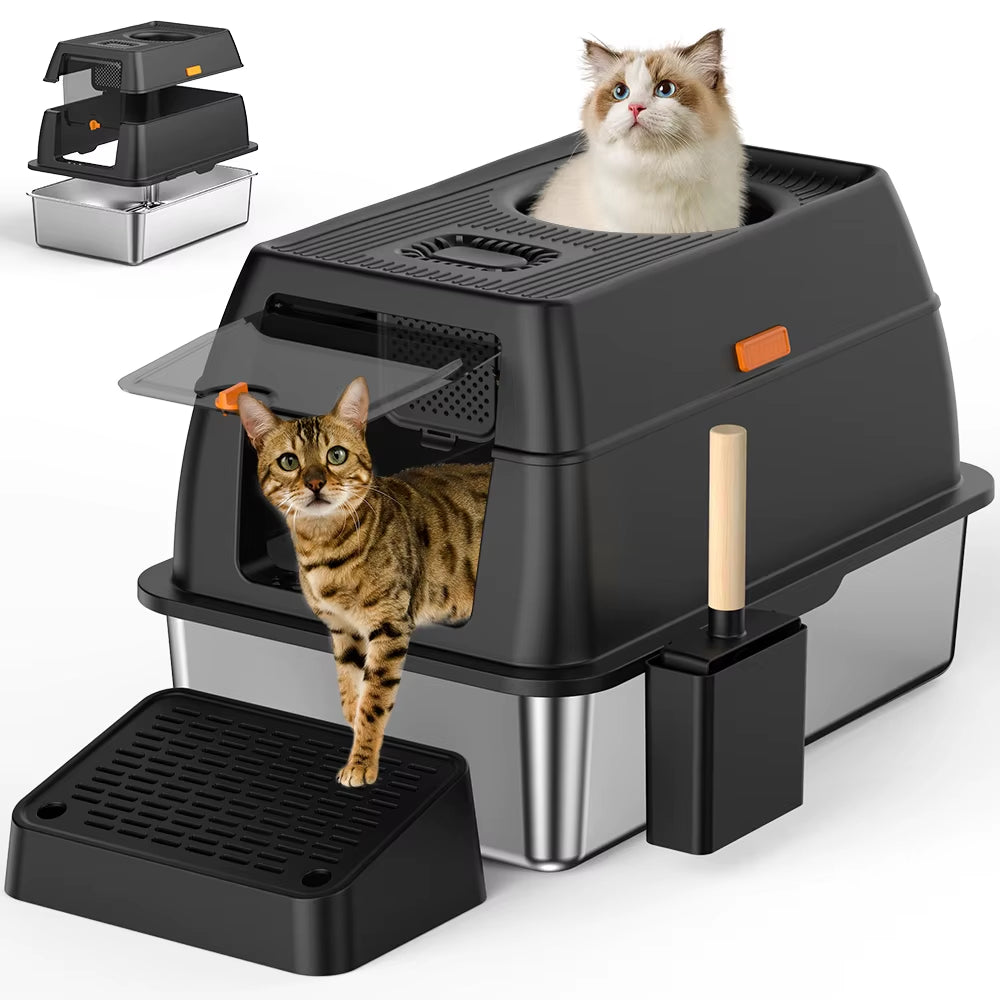 Extra Large Stainless Steel Cat Litter Box with Lid and Cover - Odor-Controlled Design for Large Cats