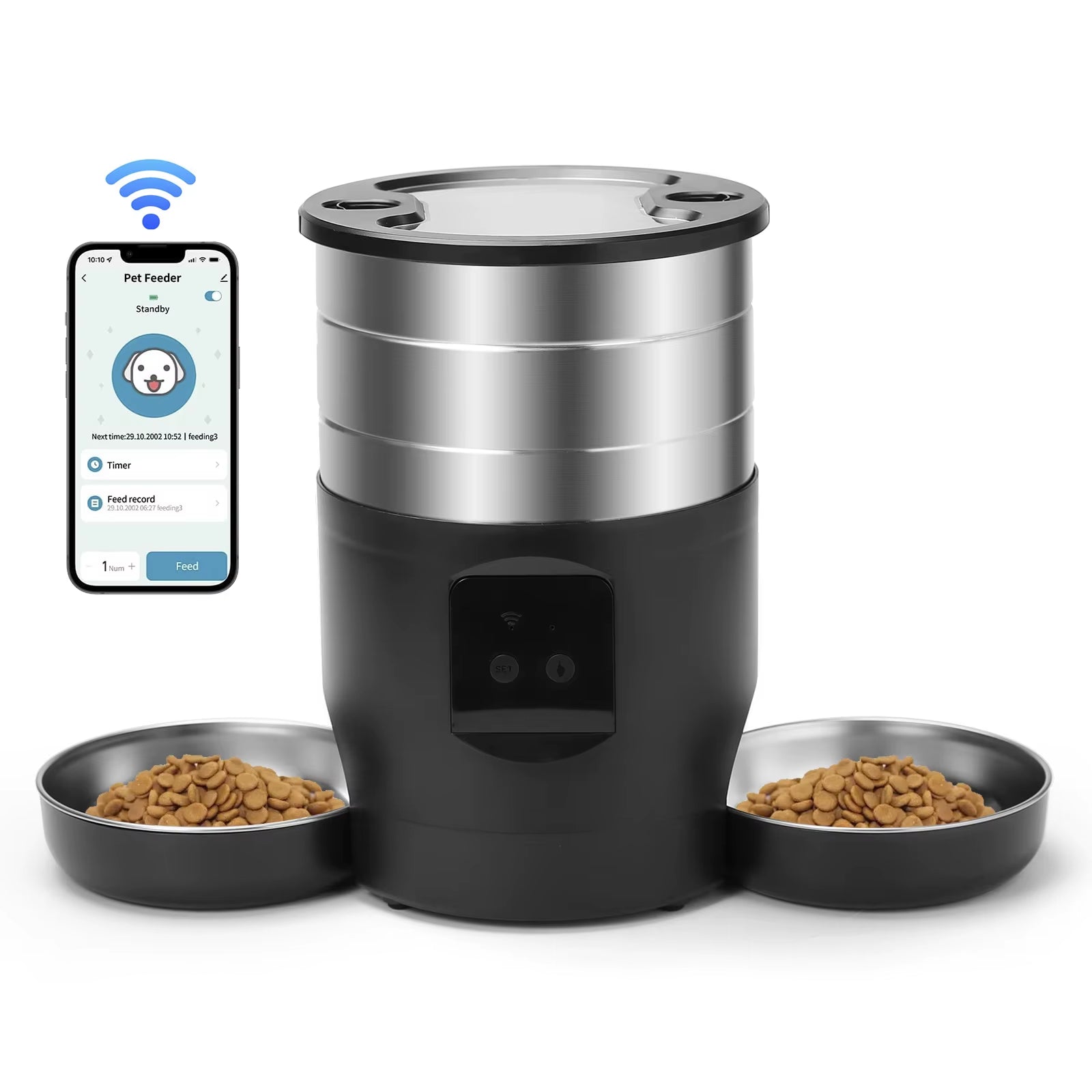 4.5L Button Wifi Automatic Cat Feeder Includes Two Stainless Steel Bowls Smart Pet Cat and Dogs Food Dispenser Feeder Pet Feeder