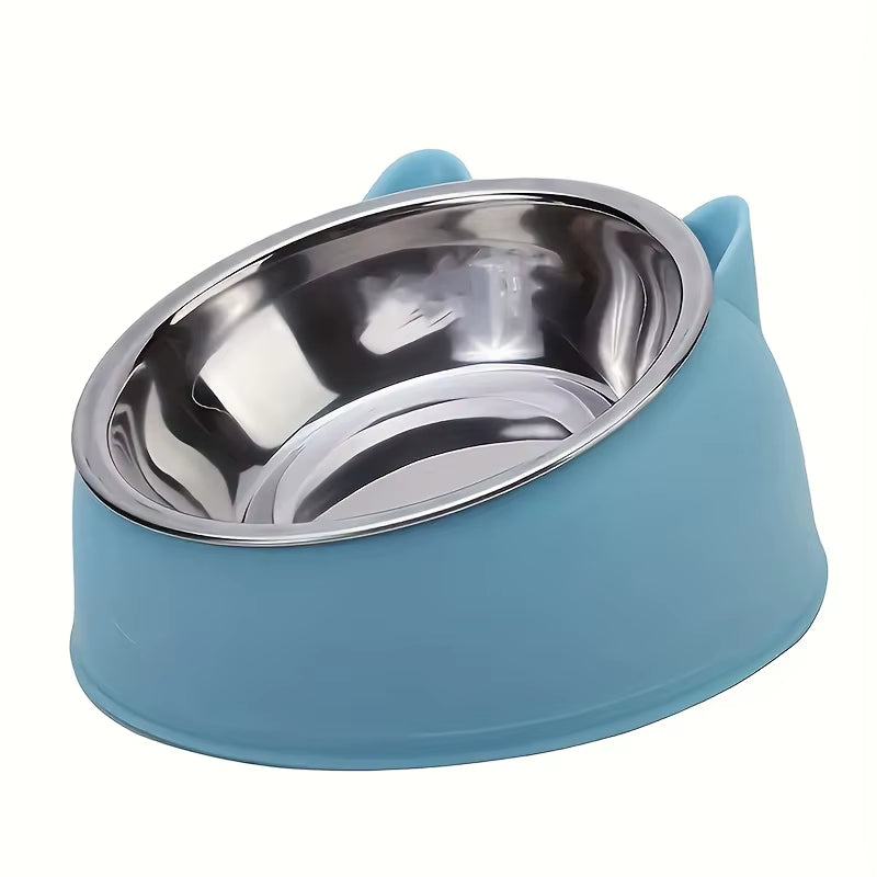 1Pc Elevated Stainless Steel Cat Bowl, Inclined Food & Water Dish with Cute Ear Stand, Neck Protection Design for Cats