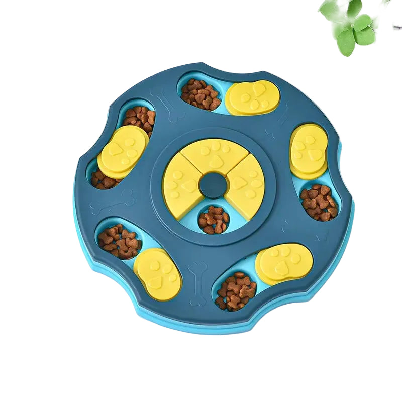 An arctic azure dark blue and cyan cat and dog food puzzle IQ dispenser featuring a 24x24cm round non-slip board layout.