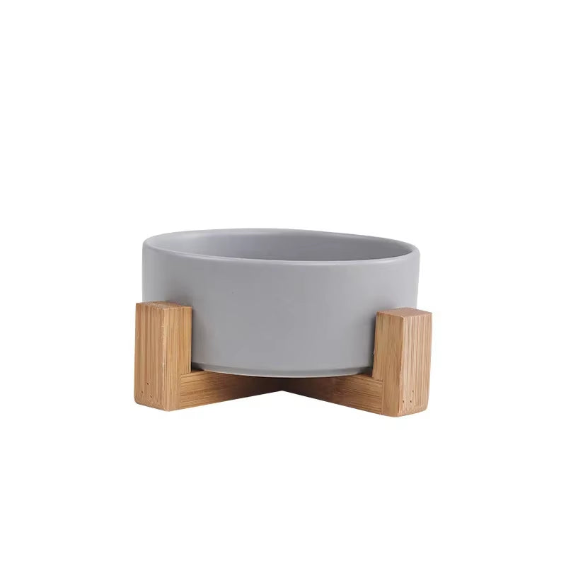 Ceramic Elevated Pet Bowl - Ergonomic Wooden Rack for Cats & Dogs