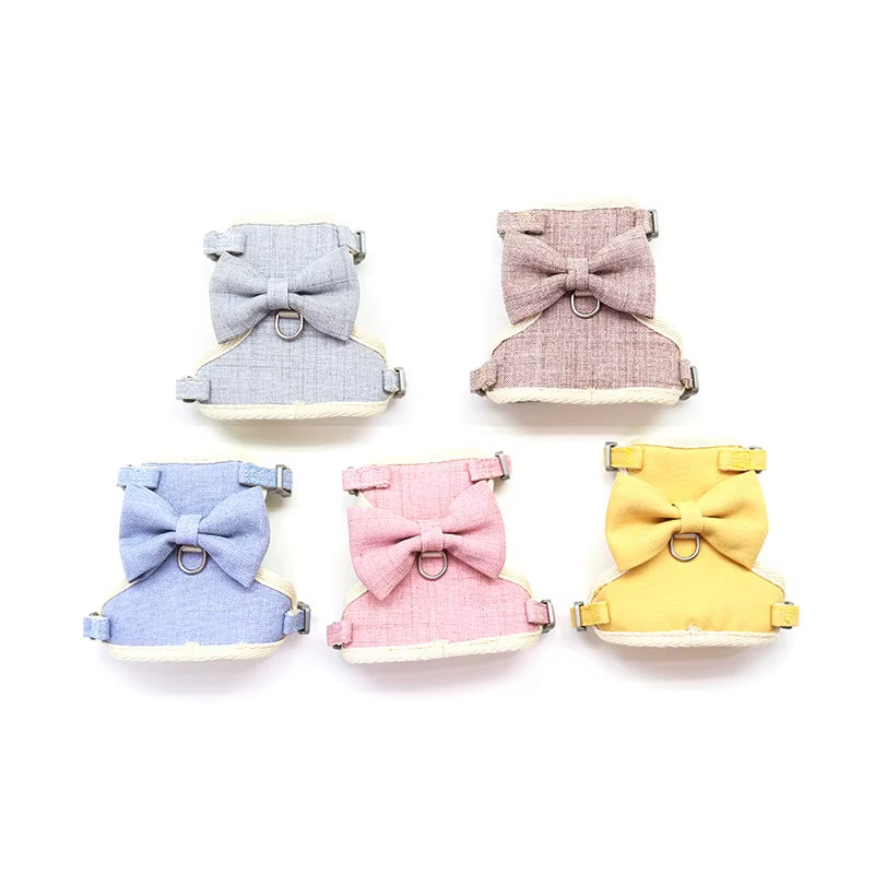 Solid Nylon Pet Dog Harness I Shape Bow Tie Summer Walking Chihuahua Leash Set Durable Medium York Dog Floral Pet Accessories