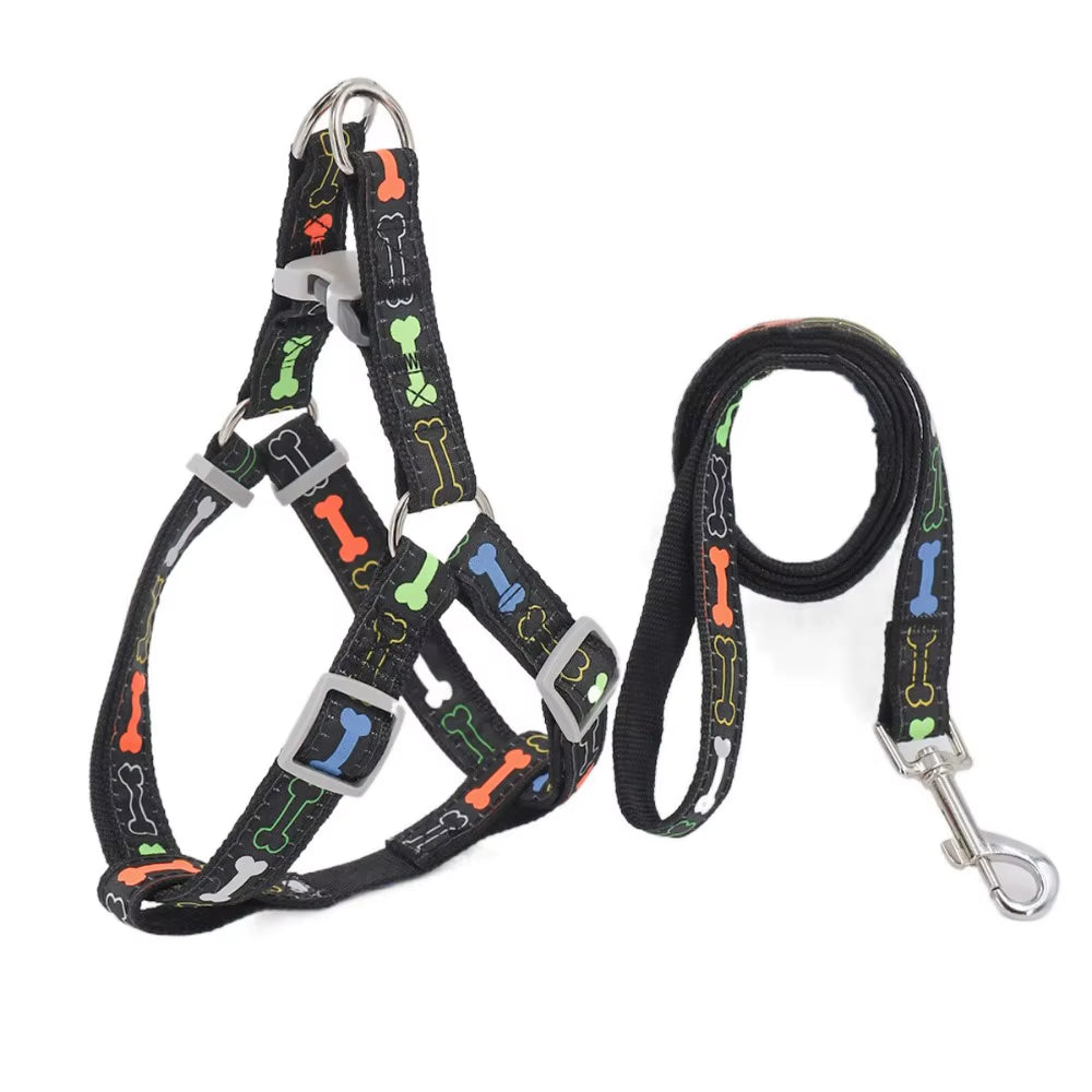 Adjustable Colorful Bone Dog Harness Vest Anti-Breakaway Wear-Resistant Dog Chest Harness with Rope Polyester