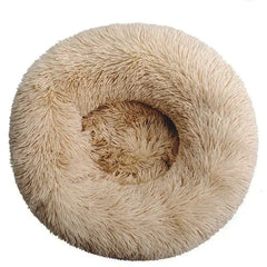 Roasted Almond brown plush round pet bed with a raised calming rim for dogs and cats