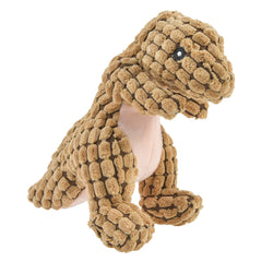 A primal fossil brown soft plush dinosaur toy for small dogs showing its reinforced stitching designed to withstand playful chewing.