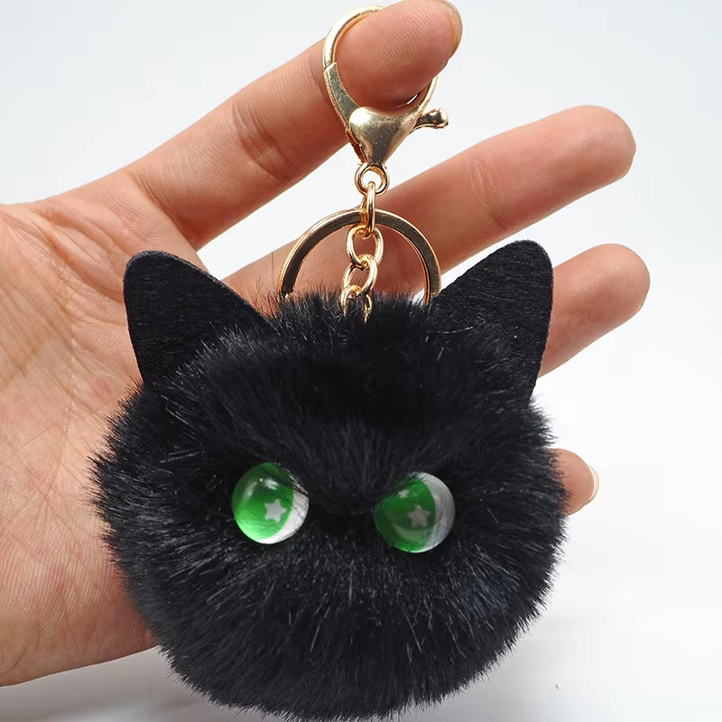 Black Cat Plush Keychain - Cartoon White Kitty Pendant for Women, Girls, and Kids Gift Ornament