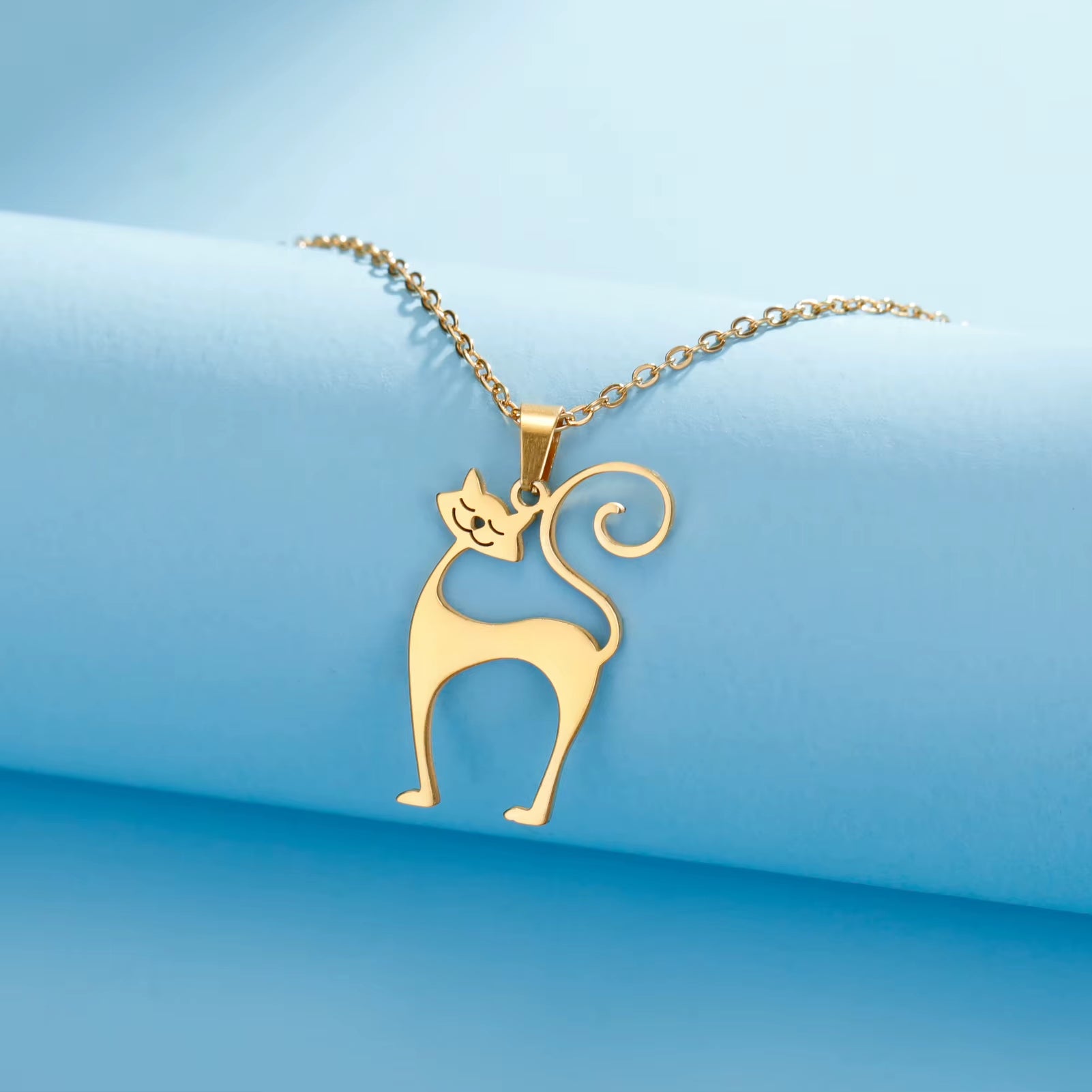 Elegant Cat Pendant Necklace - Gold Stainless Steel Jewelry for Women, Men, Couples, and Children