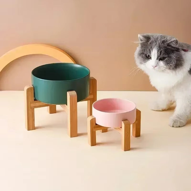 850ml Double Ceramic Elevated Pet Bowl - Ergonomic Wooden Feeding Station
