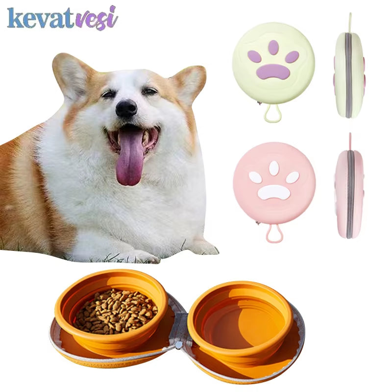 2 in 1 Foldable Pet Food Bowl Portable Silicone Puppy Dual Bowl Outdoor Travel Dog Drinking Bowl Folding Cat Bowls Dog Bowls