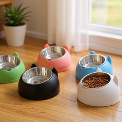 1Pc Elevated Stainless Steel Cat Bowl, Inclined Food & Water Dish with Cute Ear Stand, Neck Protection Design for Cats