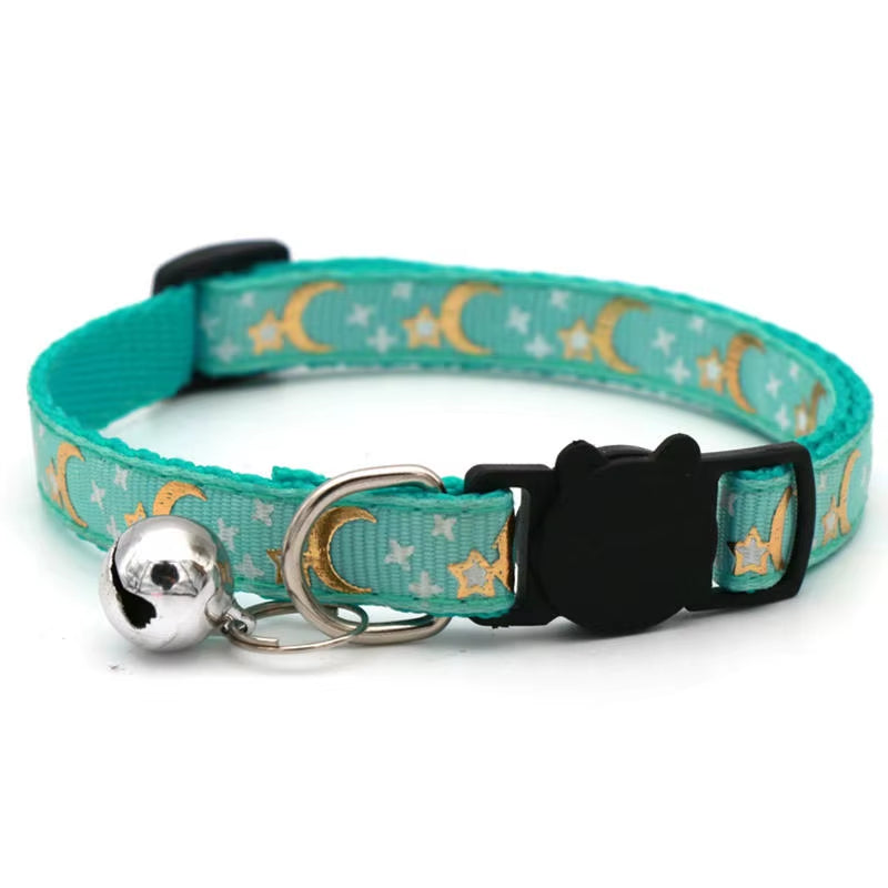 Gold Stars and Moon Cat Collar with Reflective Safety Buckle and Bell Adjustable Cats and Small Dogs Collars