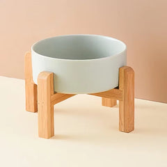 850ml Double Ceramic Elevated Pet Bowl - Ergonomic Wooden Feeding Station