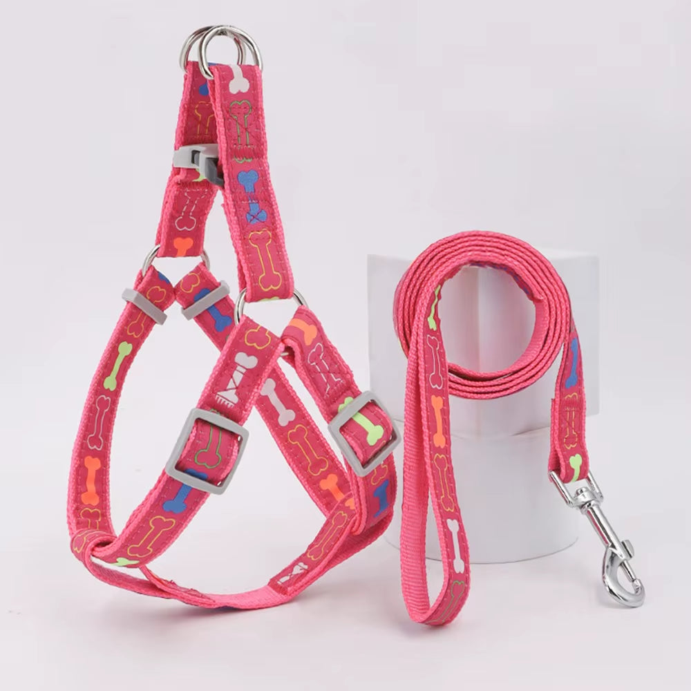 Adjustable Colorful Bone Dog Harness Vest Anti-Breakaway Wear-Resistant Dog Chest Harness with Rope Polyester