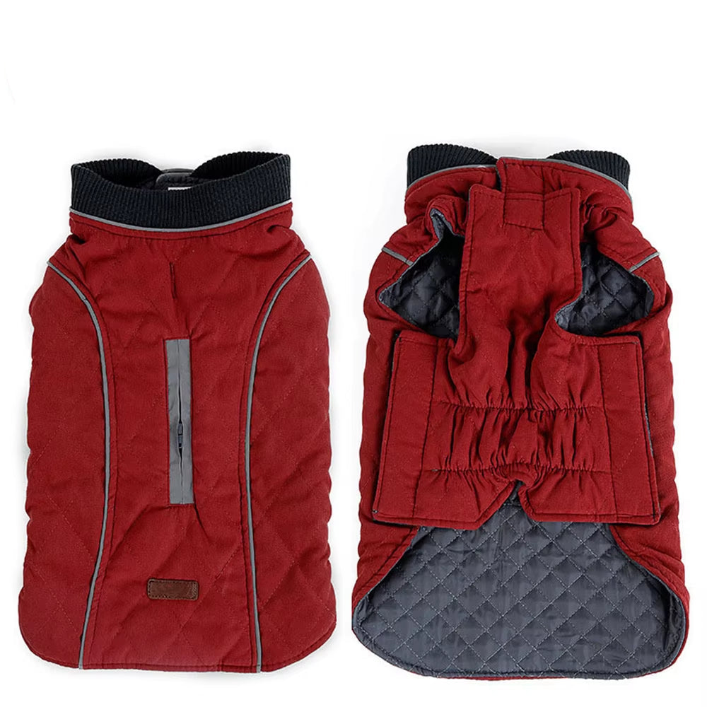 Deep red insulated dog vest featuring high-visibility reflective piping for night safety.