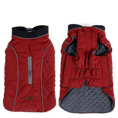 Deep red insulated dog vest featuring high-visibility reflective piping for night safety.